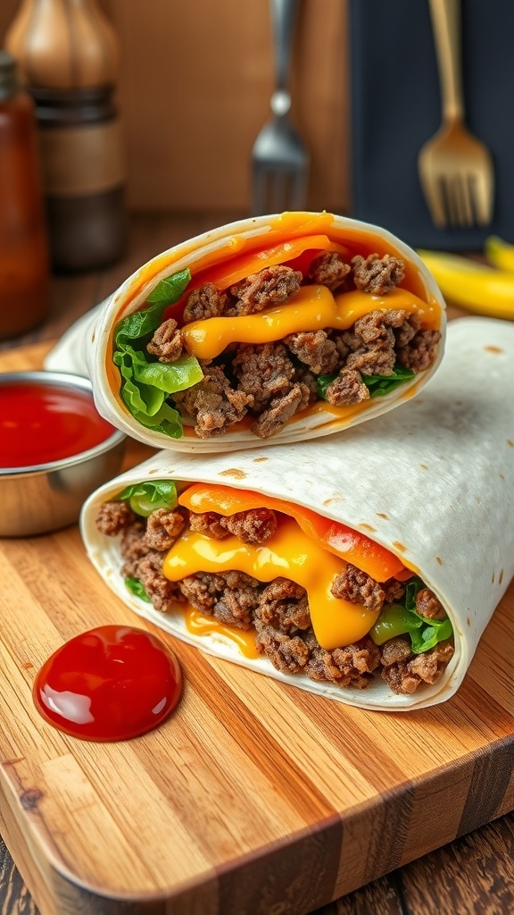Cheesy hamburger tortilla wrap filled with ground beef, cheese, lettuce, and tomato, served with ketchup and mustard.